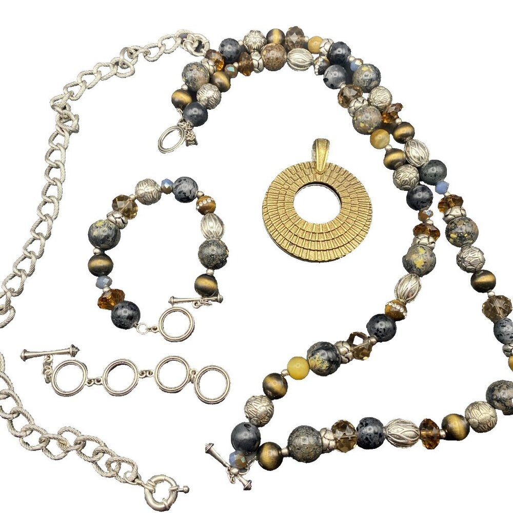 Premier Designs Necklace Bracelet Set Top Notch Pendant Reversible Gold Silver